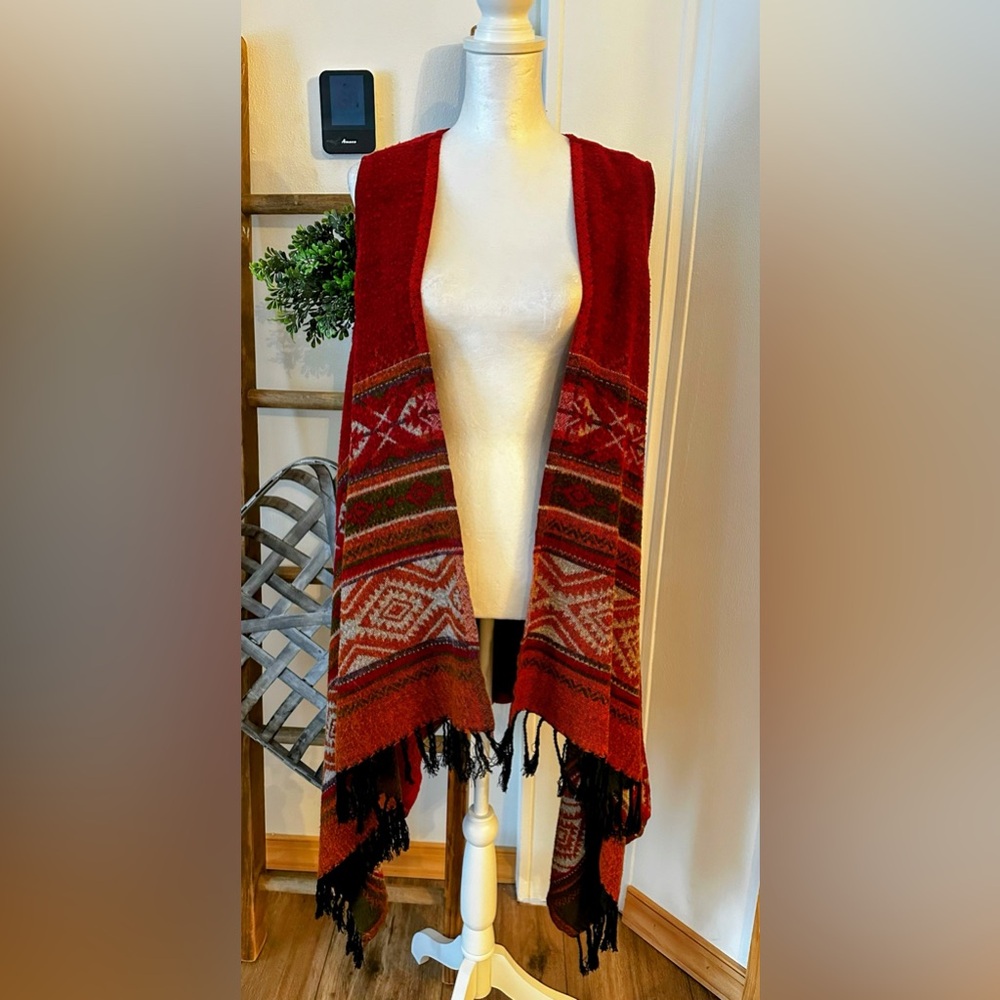 Earthbound Trading Co Bold Aztec Western Fringe Tassel Tunic Length Vest Large